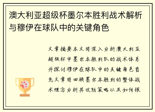 澳大利亚超级杯墨尔本胜利战术解析与穆伊在球队中的关键角色