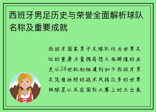 西班牙男足历史与荣誉全面解析球队名称及重要成就 西班牙男足历史与荣誉全面解析球队名称及重要成就