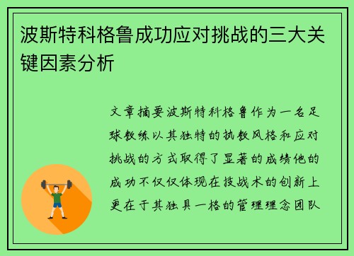 波斯特科格鲁成功应对挑战的三大关键因素分析