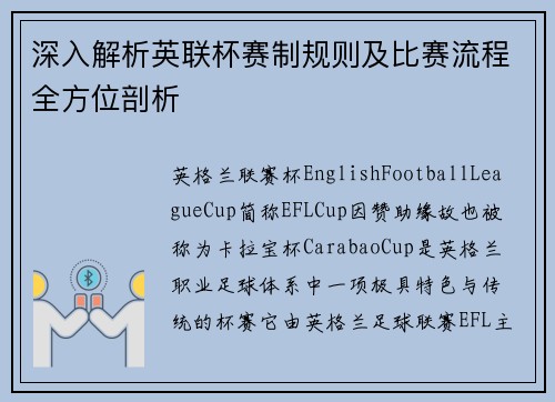 深入解析英联杯赛制规则及比赛流程全方位剖析